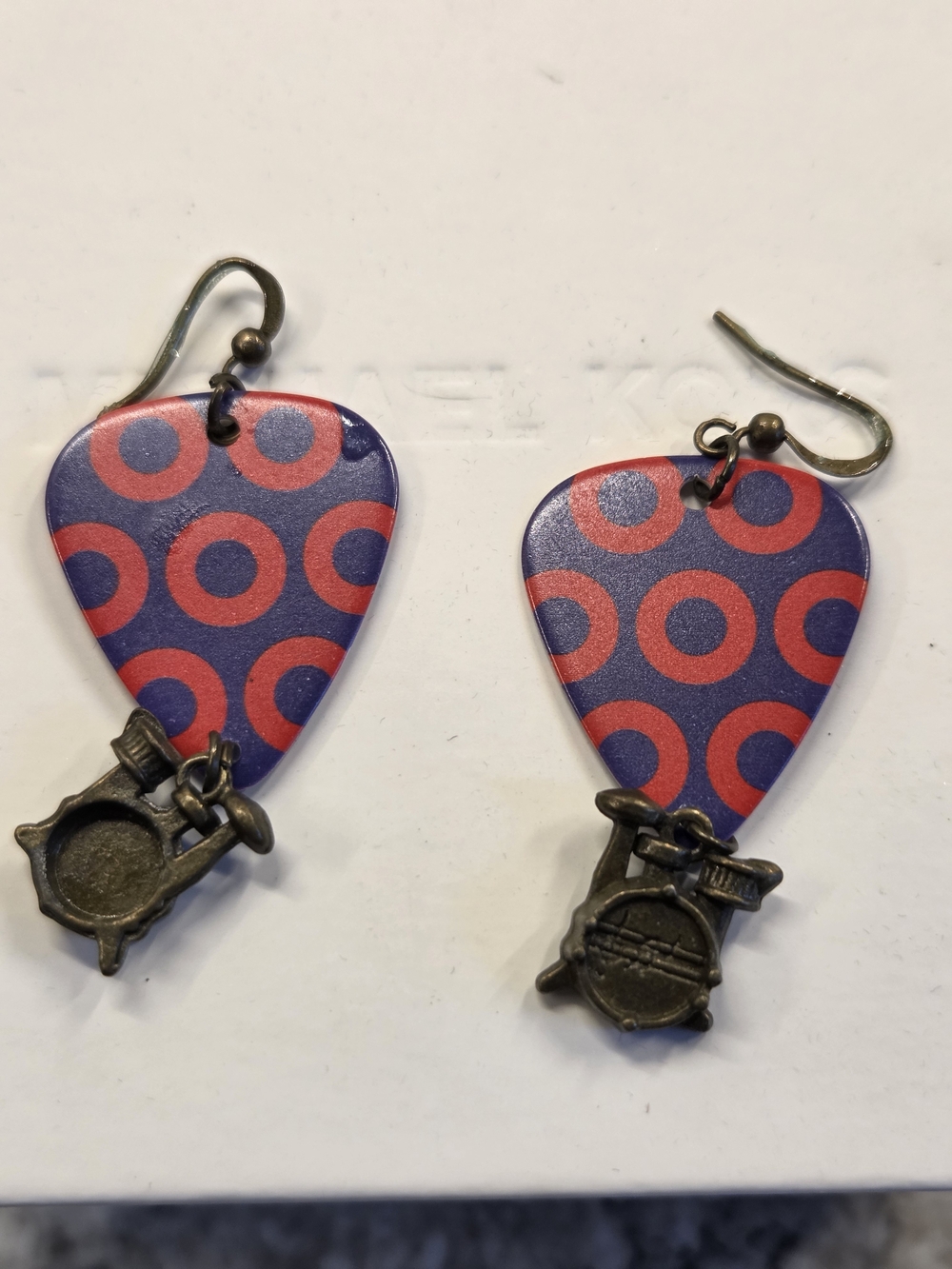 Phish Donut Guitar Pick Dangle Earrings with Drum Charms - Blue & Red - Picture 4 of 5